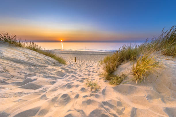 Prachtig uitzicht op de zee tussen de duinen door .